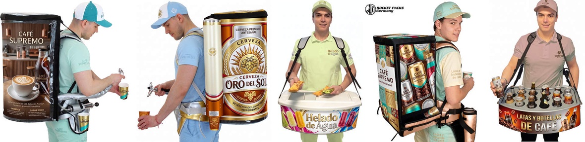 Catering de café móvil con la mochila dispensadora de Rocket Packs en una feria comercial