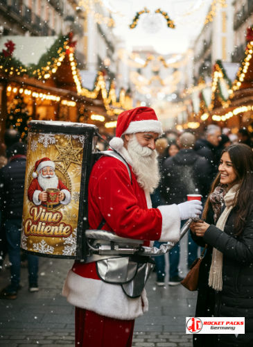 Mulled wine caliente servido desde mochila en el mercado navideño de Valencia, luces de ciudad, árbol gigante, aroma a canela y naranja con servicio dinámico entre los visitantes del festival de invierno.